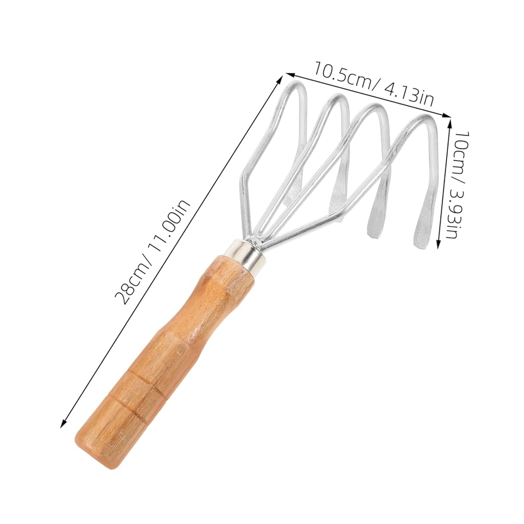 HASTHIP® Gardening Rake Stainless Steel Gardening Rake with Wooden Handle 10.6 Inch Lawn Portable Tool for Lawn,Soil,and Garden Bed Maintenance