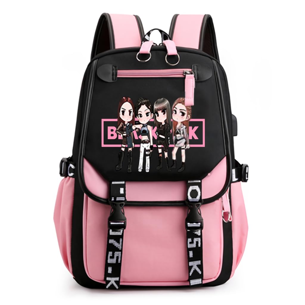 PALAY® Black Pink Bag For Girls School Bag with USB Cable Jack Cute Backpacks Idol Print Design Laptop Backpack and Casual Backpack Student Accessories That can Hold 16.8 inches Books