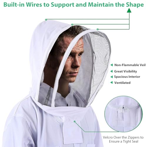 HASTHIP® Bee Suit with Protective Mesh Face Cover Hood Zip Up Long Sleeve Jumpsuit Breathable Outdoor Summer for 175-185cm Height Adult 3 PCS