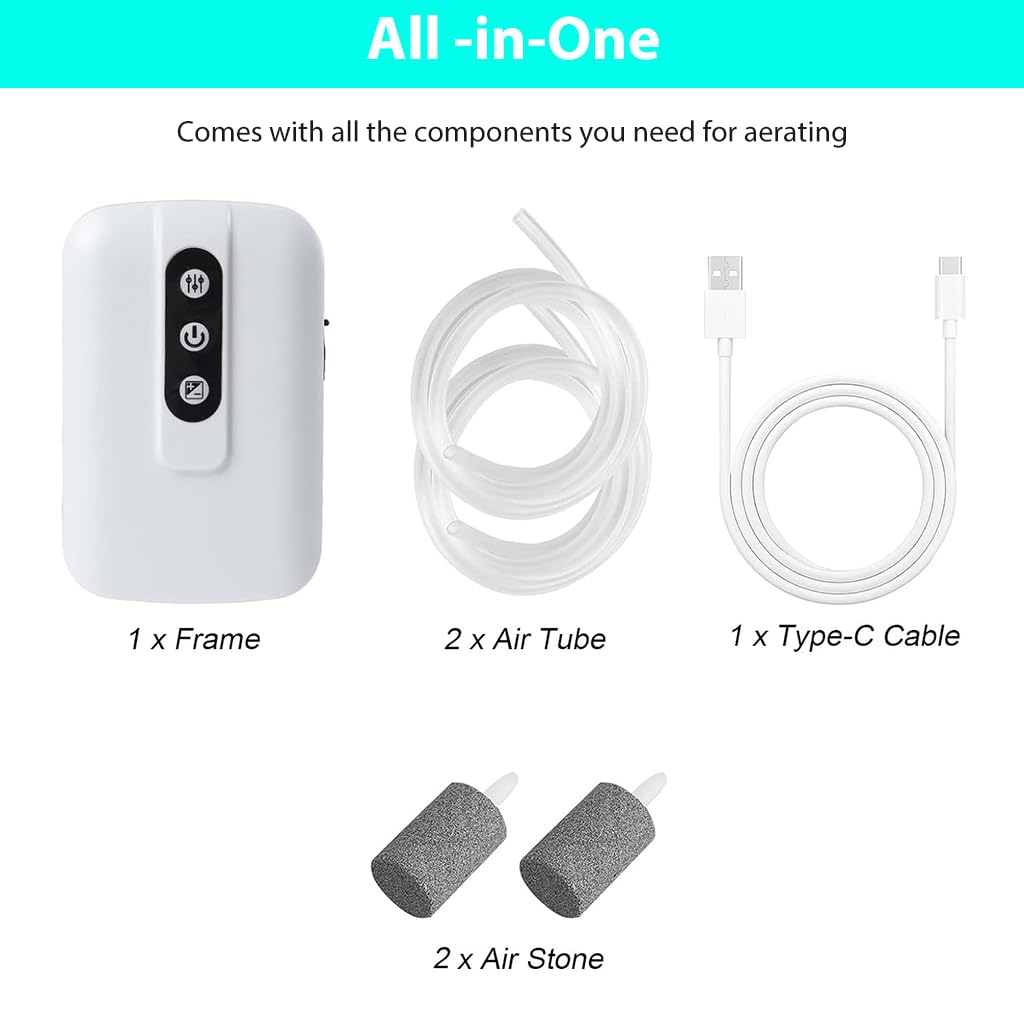 HASTHIP Aquarium Air Pump for Fish Tank featuring Dual Pipes and Air Stones 6L/min | USB Rechargeable