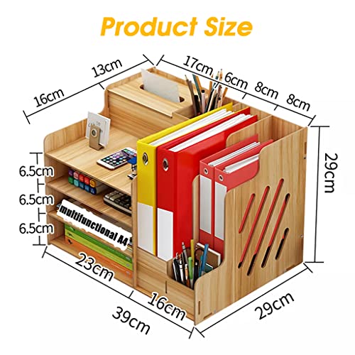 ZIBUYU® Yellow Wooden Multi-Functional Desk Stationary Organizers with Book Stand Tissue Box Pen Holder with 4 Layer Rack Table Accessories Supplies for Office,Room