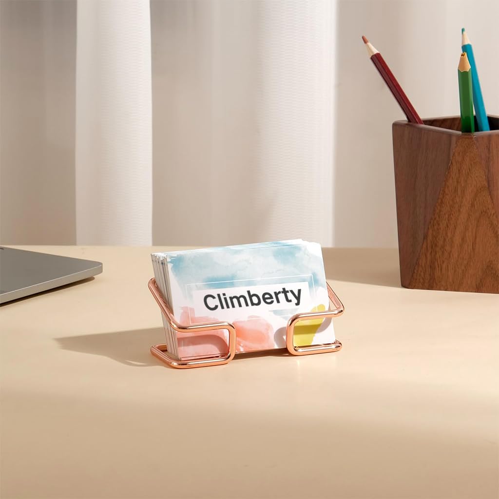 Climberty Business Card Holder for Desk with Tilting Display and 100pcs Capacity | Rose Gold Metal Organizer