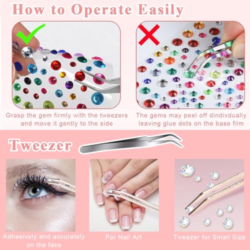 MAYCREATE® 6 Sheets Face Gems Rhinestones Pearl Stickers with Tweezer, Self Adhesive Face Jewels Sticker, Glitter Color Festival Hair Gems for Makeup, DIY Crafts, Nail Art, Scrapbooking