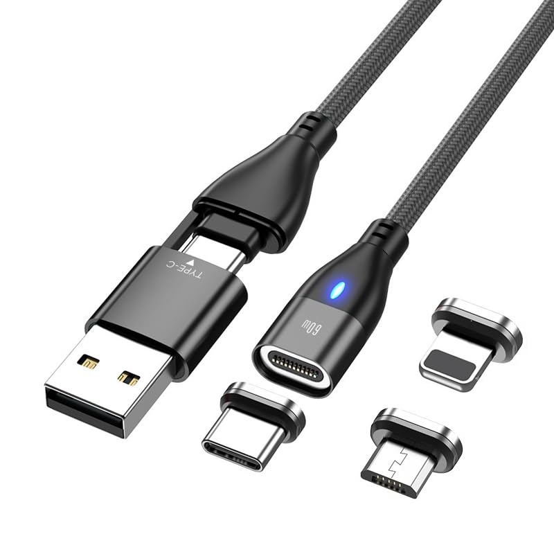 Verilux® Magnetic Charging Cable, 6 in 1 USB A/C Charge Cord with 3 Magnet Adapters(Type C/Micro/i-Product), 3.3Ft 60W Fast Charging & Data Transmission Multi Cable for Phone, Laptop, Tablet