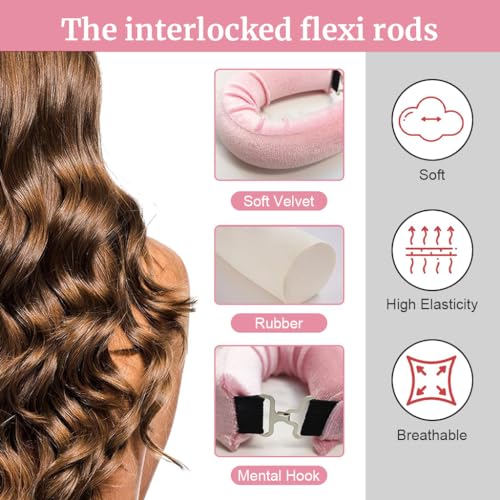 MAYCREATE® 6PCS Heatless Hair Curler, Flexible Curling Rod with Hook, Satin Rollers for All Hair Types, No Heat Curls to Sleep for Curl Rods, Heatless Curls for Blowout Hair, Pink