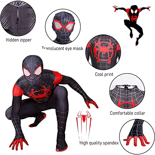 FANCYKU® Spidermen Dress Costume for Kids Superhero Spider Men Miles Morales Bodysuit with Separate Mask Silk Feel Fabric Jumpsuit for Halloween Cosplay Boys Gift 3 PCS