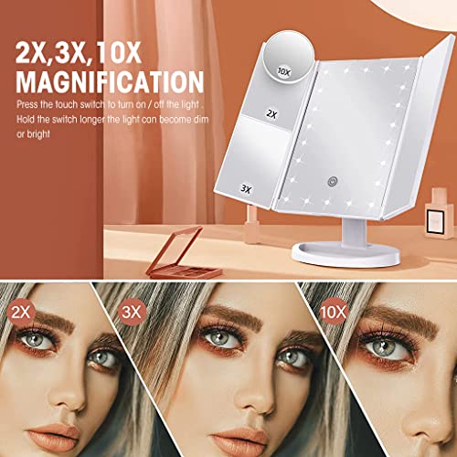 MAYCREATE® LED Makeup Mirror 3-Sided Vanity Mirror Fold-up Makeup Mirror with 1X 2X 3X 10X Magnifying, Touch Button Control, USB/Battery Powered LED Makeup Mirror