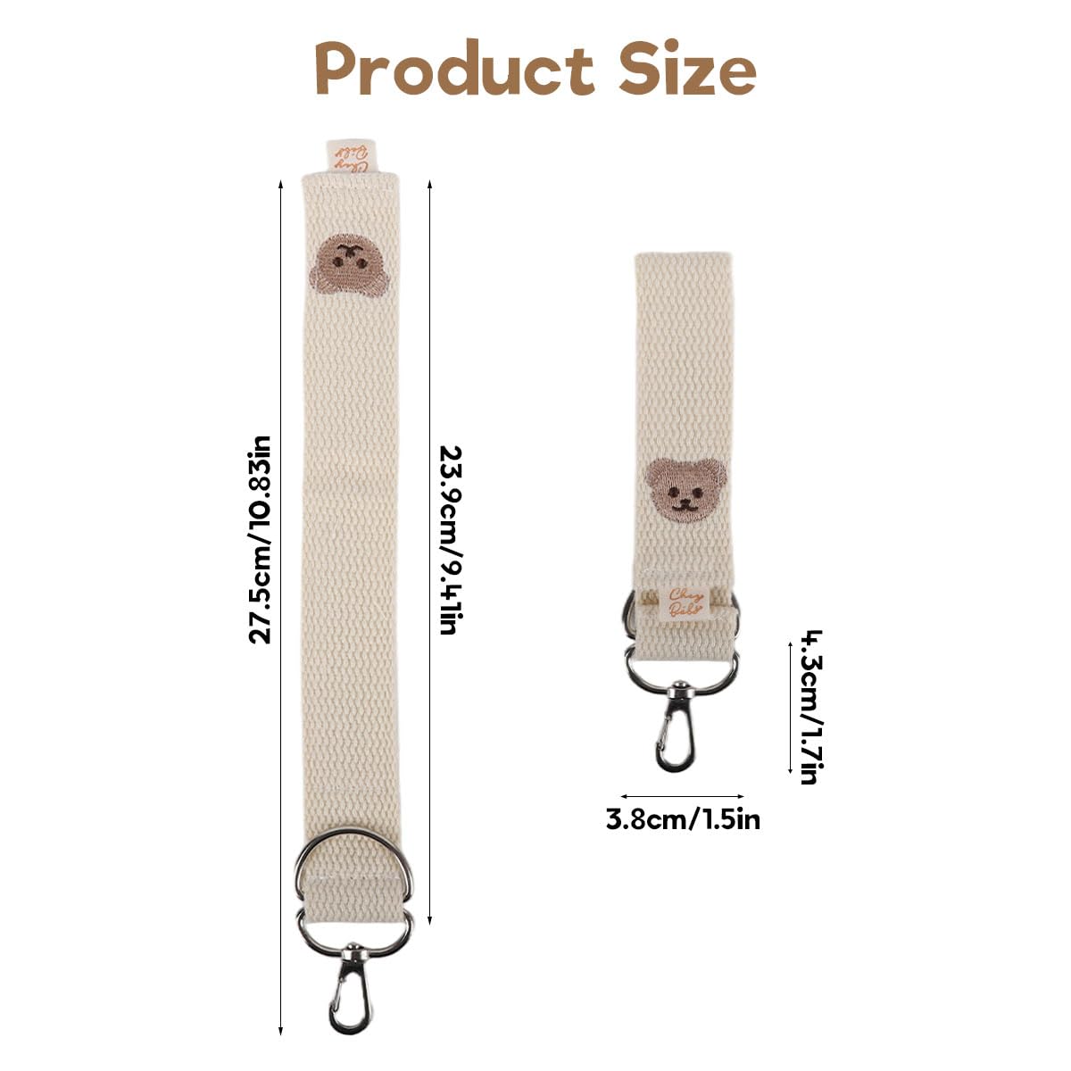 SNOWIE SOFT Baby Stroller Hooks 2 Pack with Metal Carabiner and Adjustable Cotton Straps | White Bear Design for Bags and Diapers