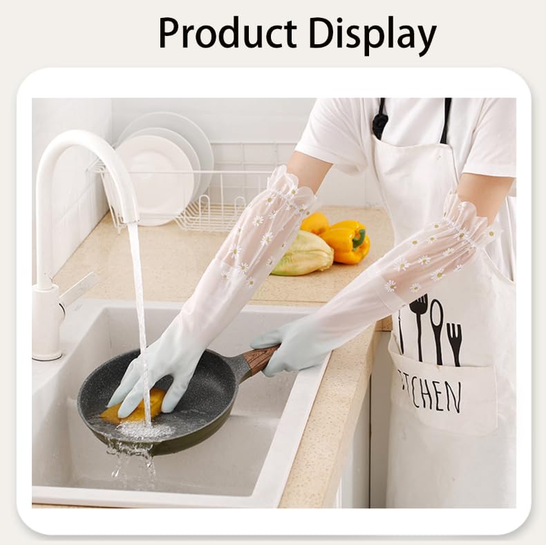 Zibuyu Latex Hand Gloves for Cleaning with Non Slip Daisy Pattern | Long Elbow Design