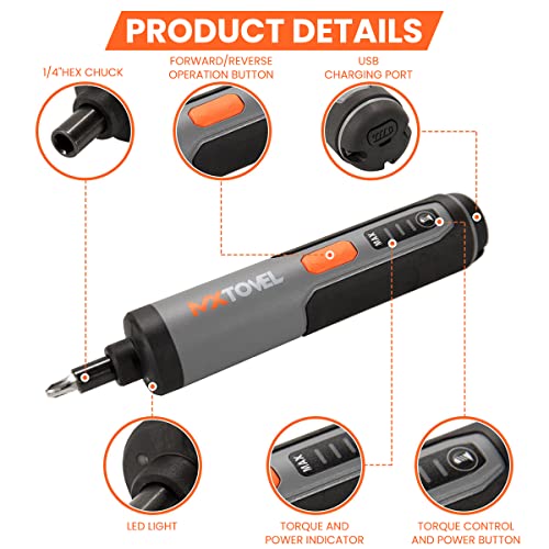 Verilux® Handheld Electric Screwdriver Kit - 4V Cordless Electric Screwdriver, LED Work Light, 26 pieces Screwdriver Bits, Screw Adapter, Tool Case, USB C Cable, Power Screwdriver(Grey)