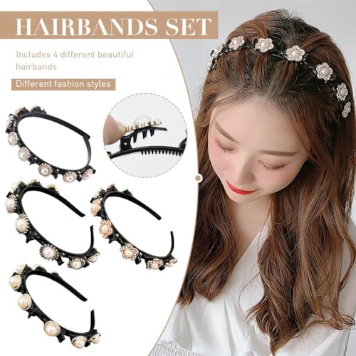 Venzina® 4 Pcs Double Layer Twist Plait Headband Pearl Hairband for Women Girls Braided Hair Band with Floral Alligator Clips Hair Accessories for Thin or Thick Hair