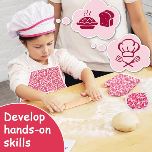 HASTHIP® 7Pcs Baking Set for Kids with Chef Cap for Kids & Waterproof Kitchen Art Apron for Kid & Oven Gloves & Heat Insulation Pad & Dough Rolling Pins & Egg Whisk & Wooden Spoon Children Baking Set