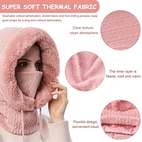 PALAY® Winter Caps for Women Girls One-piece Knit Thick Warm Winter Hat with Neck Hood Scarf & Windproof Mask, Fashion Snow Proof Fleece Lined Winter Hat for Outdoor, Riding, etc (Pink)