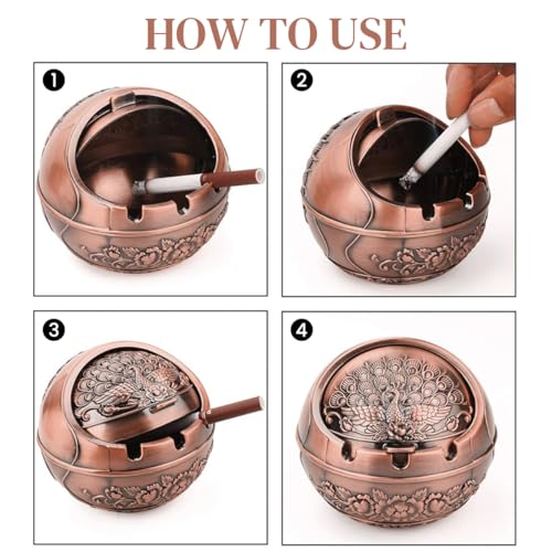 HASTHIP® Peacock Ashtray Retro Zinc Alloy with Closing Lid Decorative Embossing 3 Cigarette Holder Grooves Home Gift Car 10x10x9cm 2 PCS