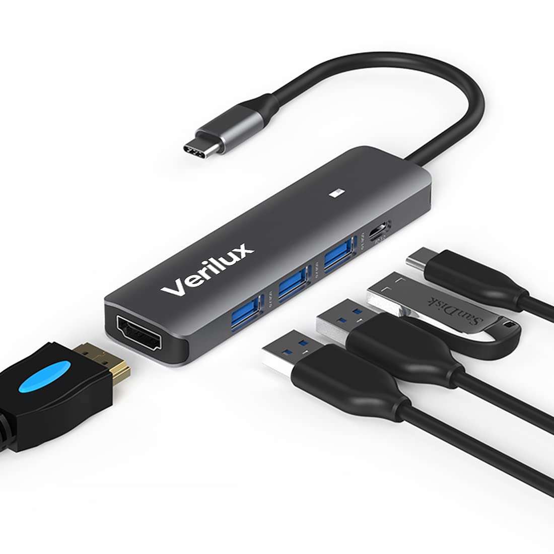 Verilux® USB C Hub 5 in 1 Type C Hub Portable Multiport USB C Adapter with 4K@30Hz HDMI Output, USB 2.0/3.0 Ports,USB C 100W PD for MacBook Pro/Air M1, iPad Pro 2021