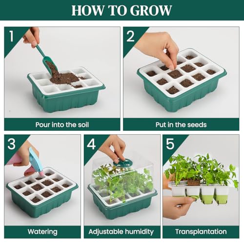 HASTHIP® Seed Starter Tray with 12 Seeding Pots Reusable Silicone Multi Start Tray with Ventilation Clear Lid Drip 2 Dual-Head Tools Transplanting Mat 10 Blank Labels 3 PCS