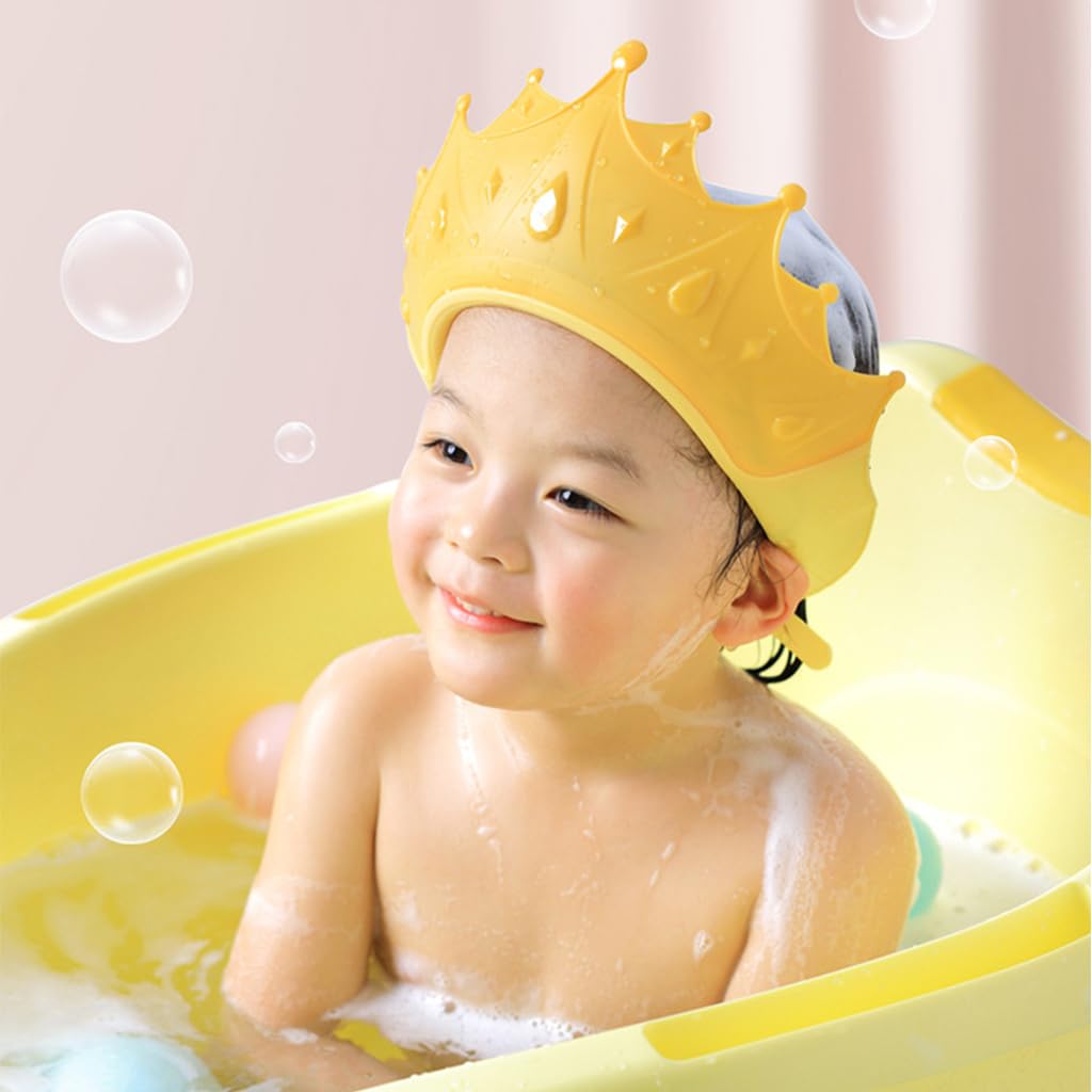 SNOWIE SOFT® Baby Shower Cap Hair Brush Rinse Cup Soft Silicone Crown Cap Bath Cap Protecting Eye & Ear Adjustable Baby Shower Crown Cap Baby Shower Gift, Yellow