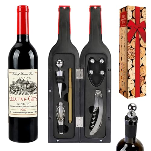 HASTHIP® Wine Accessories Kit Set of 5pcs Wine Supplies with Bottle-Shaped Gift Box Includes Wine Corkscrew, Wine Stopper, Wine Pourer, Foil Cutter, Wine Drip Ring, Metallic Marker Pen