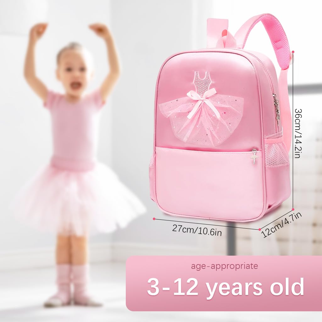 PALAY® Girls Pink Backpack School Backpack Bookbag for Girls Cute Ballet Dress Backpack Ballet Class Bag Nylon Waterproof Zipper Backpack Travel Backpack Birthday School Gift Christmas Gift for Girls