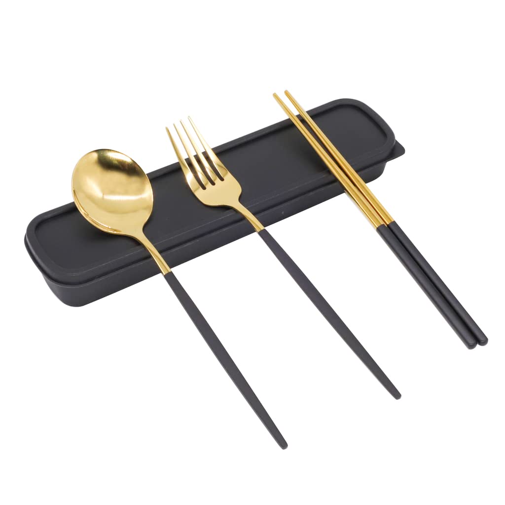 HASTHIP  Premium Gold Stainless Steel Fork Spoon Portugal Three Piece Set Spoon Fork Chopsticks Outdoor Gift Set Flatware with Gift Box Dinnerware Cutlery Set Tableware Set (Black Gold)