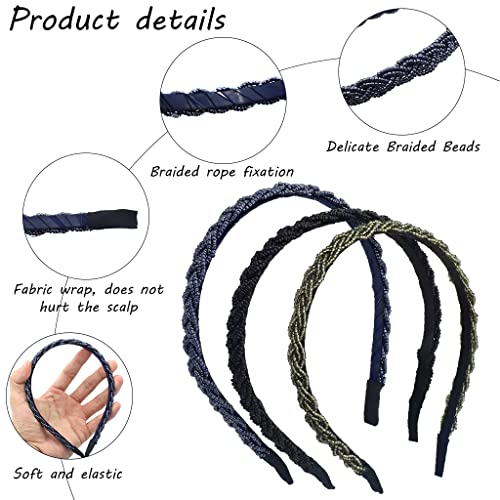 ZIBUYU® 3 Pieces Braid Beaded Hair Hoop Headbands, Multiple Color, Fashion Hairbands for Girls Women Hair Accessories Gift