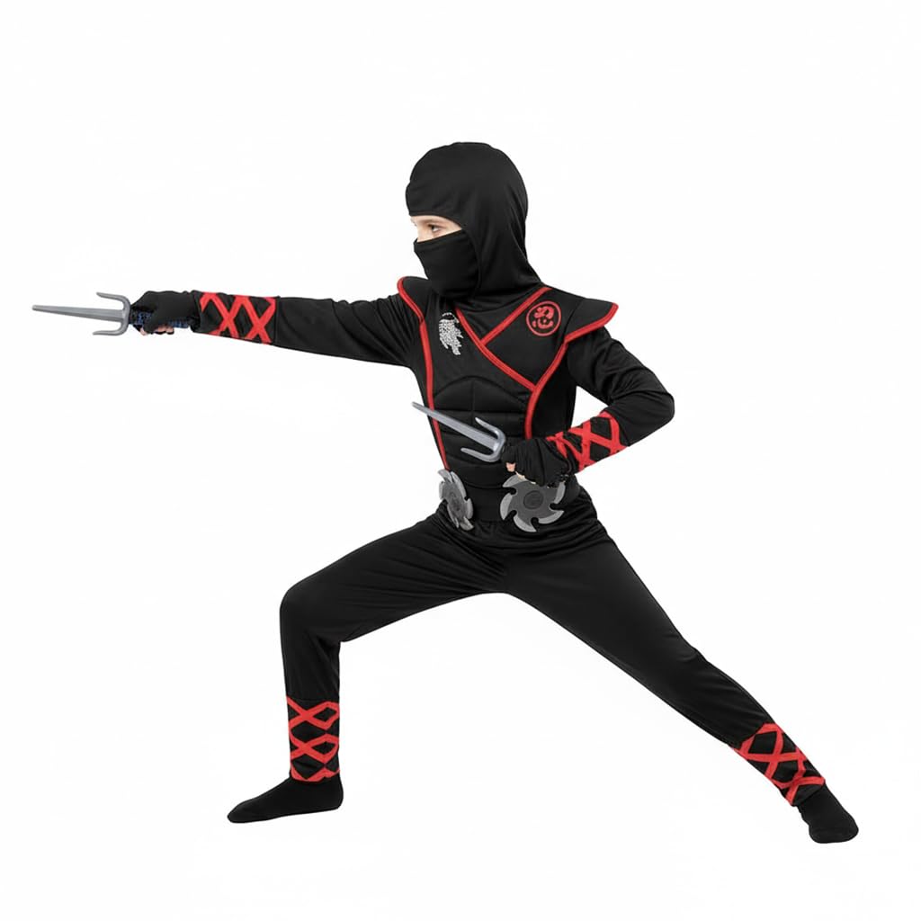 PATPAT Kids Ninja Costume Set for Halloween with Toy Props and Red Accents | Size 110