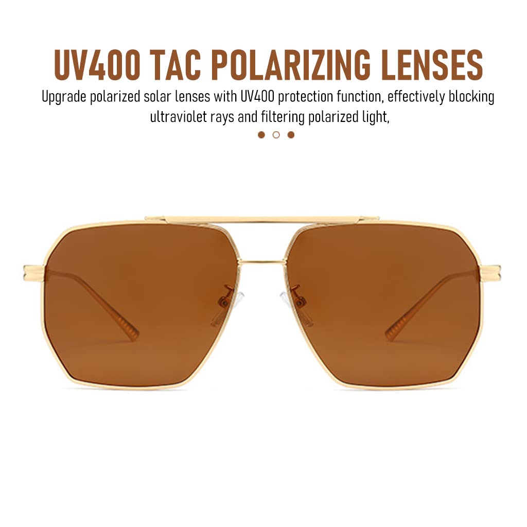 GUSTAVE Stylish Polygon Polarized Sunglasses for Men Retro Oversized Metal Frame UV400 Polarized Sunglasses Vintage Brown Lens Sunglasses Metal Sun Glasses Sun Glare Glasses for Men