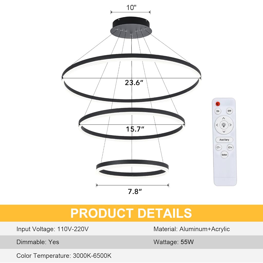 ELEPHANTBOAT LED Chandelier for Living and Dining Rooms with 3 Rings 55W Dimmable Light | Remote Control Adjustable Black Pendant