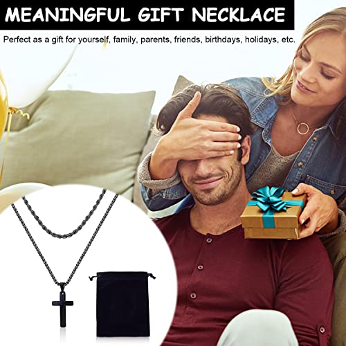 MAYCREATE® Black 2 Pcs Double Layered Electroplated Titanium Classic Cross Pendant Steel Chain Necklace Set with Flannel Bag for Men & Women