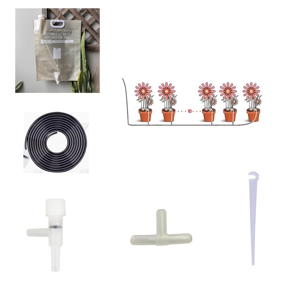 HASTHIP® 6.5L Self Watering Kit DIY Slow Irrigation System with 33 ft Flexible Pipe, Reusable Water Bag with Handle, Tee-Connectors, Sprinklers, Pipe Holder Stakes, for Planter, Flower Bed
