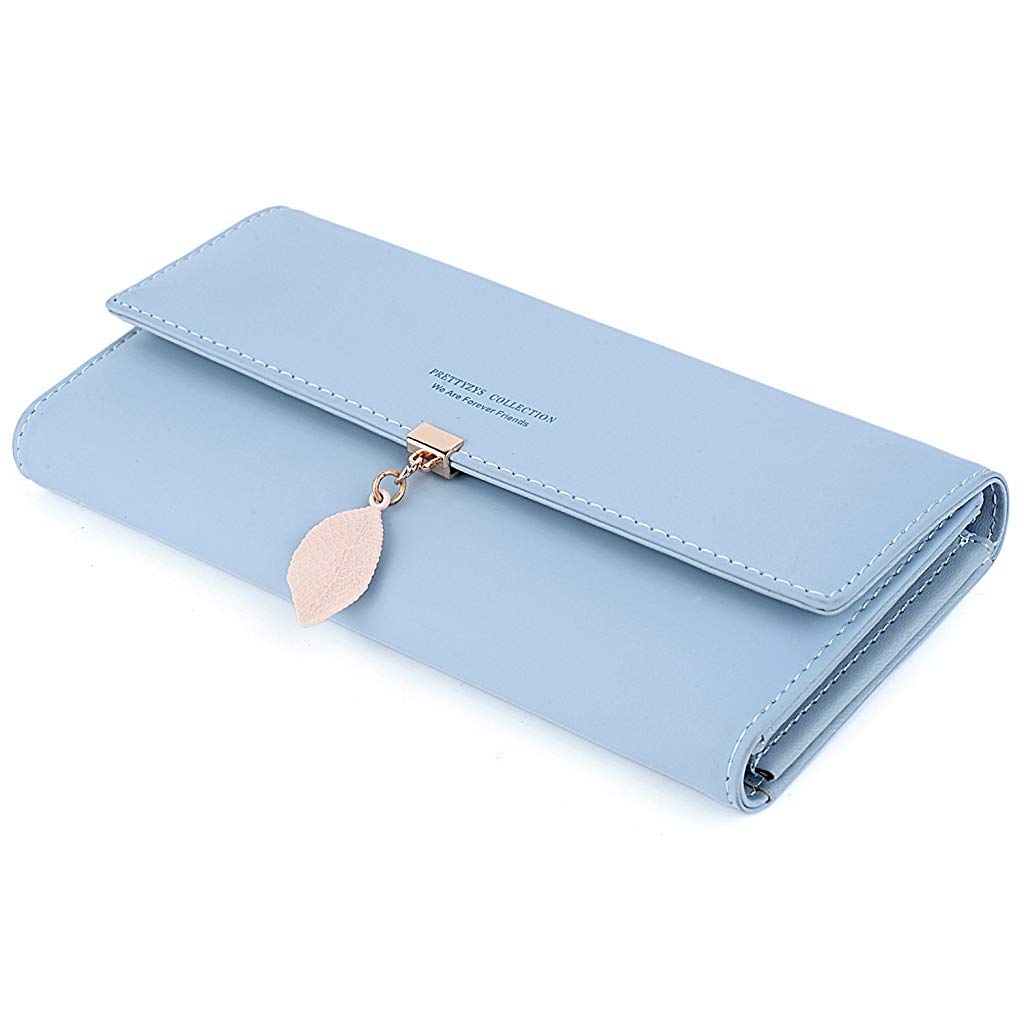 PALAY® Womens PU Leather Long Wallet with Leaf Pendant Card Holder Phone Pocket Girls Zipper Coin Purse Blue 2PCS