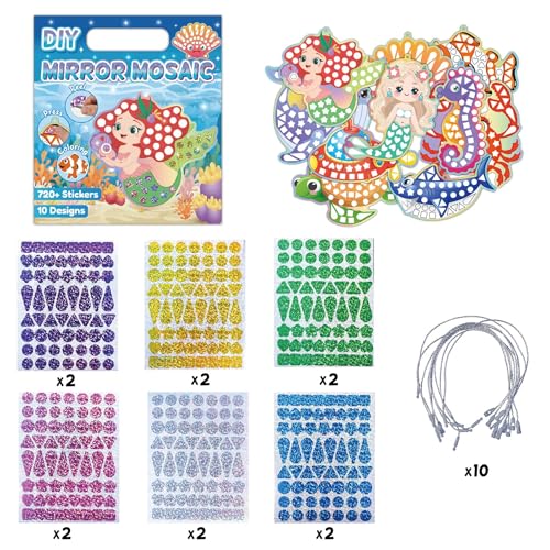 PATPAT® DIY Color Foil Sticker Paint Art Kit, DIY Mirror Mosaic Sticker Set, 10 Mermaid-Themed Pattern Designs, 720+ Glitter Stickers with Hanging Ropes, Creative Kids Craft Kit