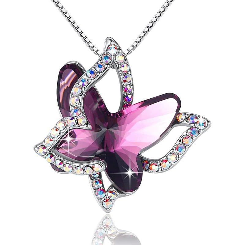 ZIBUYU® Gift Butterfly Birthstone Crystal Necklace, Necklace for Mother’s Day Anniversary Birthday Gifts for Women and Daughter-Purple