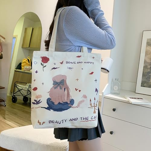 ZIBUYU® Cotton Canvas Tote Bag for Women Reusable Happy Girls Shopping Bag with Graphic Print, Foldable & Washable for College, Beach, Work & Daily Use (White, 1 Pc)