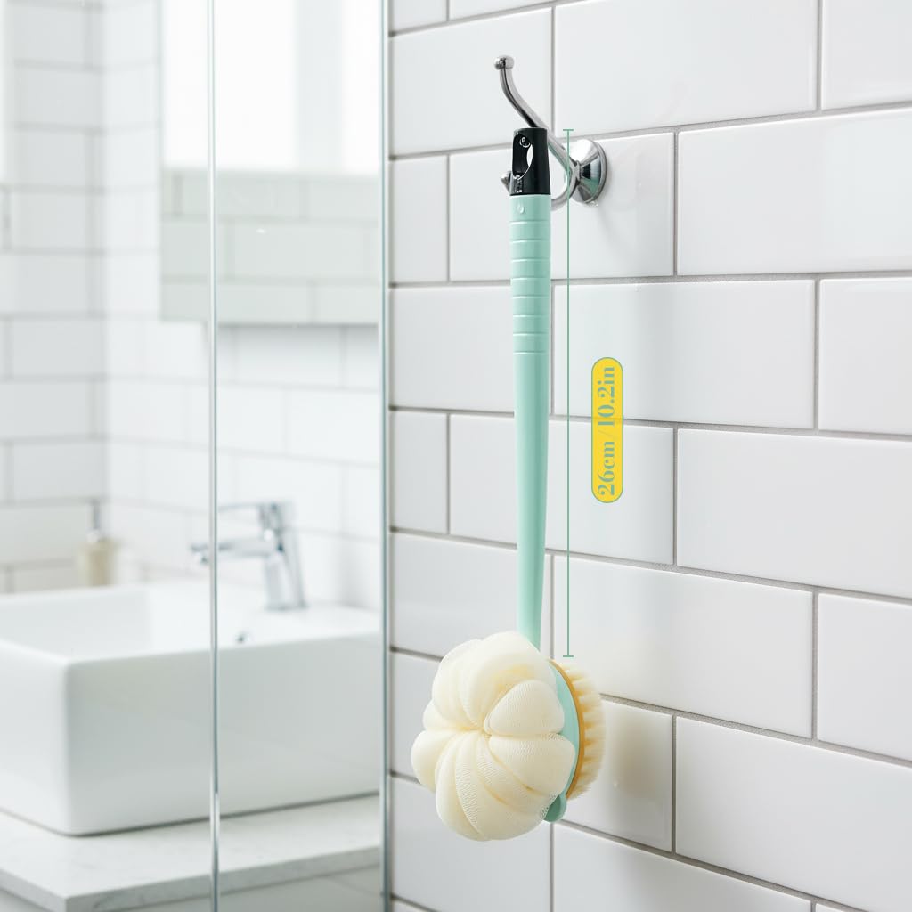 MAYCREATE Bath Back Scrub Brush with Dual Sided Puff and Textured Exfoliating Surface | Ergonomic Long Handle for Women and Men