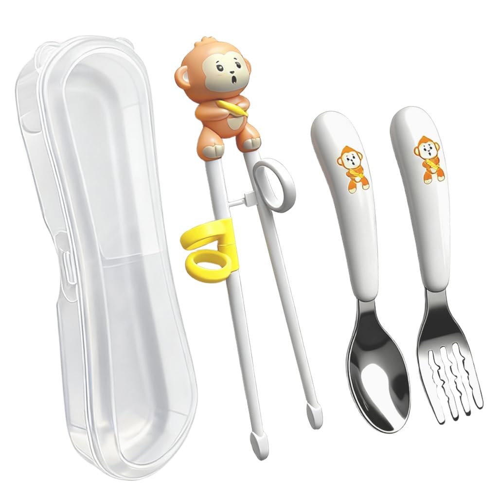 SNOWIE SOFT Kids Utensils Set for Self Feeding with 3Pcs Spoon Fork and Hinged Chopsticks | Yellow