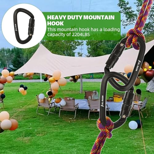 Proberos® Heavy Duty Auto-Locking Carabiner Clip 1600KG D-Shape Aluminum Alloy Climbing for Hammock Rock Tree Work Secure Twist Lock 4.9x8.5cm Black 3PCS