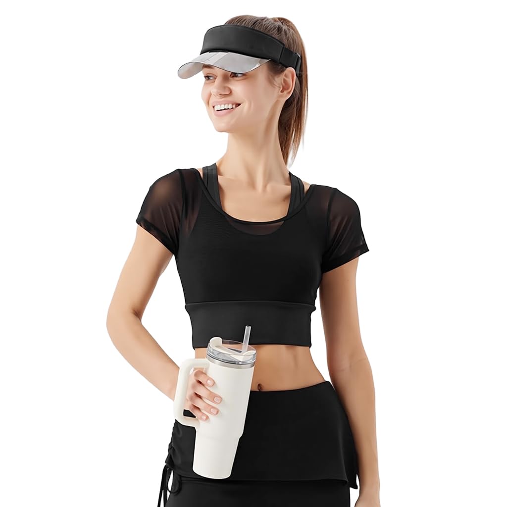 SANNIDHI Women’s Yoga Top with Built‑in Medium Support Sports Bra and Mesh Long Sleeves | Black Activewear for Fitness and Pilates