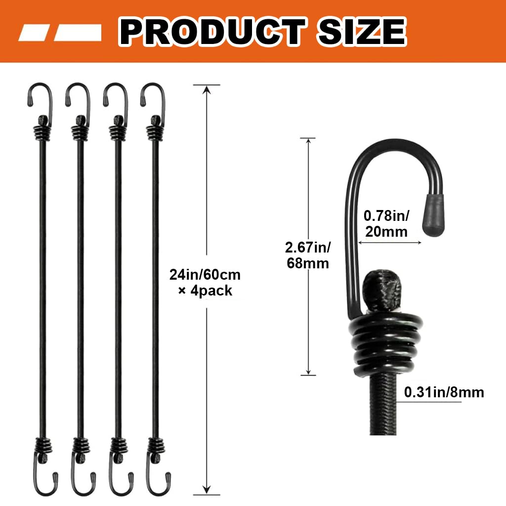 Serplex Bungee Cords for Outdoor Use with Dual End Hooks 24 in 4 Pack | Elastic Latex Core