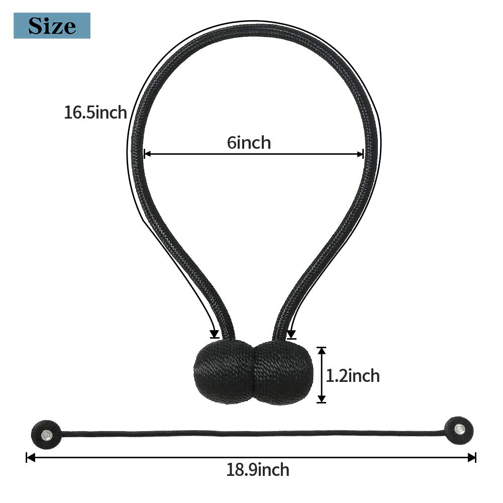 HASTHIP Magnetic Curtain Tiebacks Pack of 2 for Home and Office with 16in Rope | Eco-Friendly Woven Black Holdbacks
