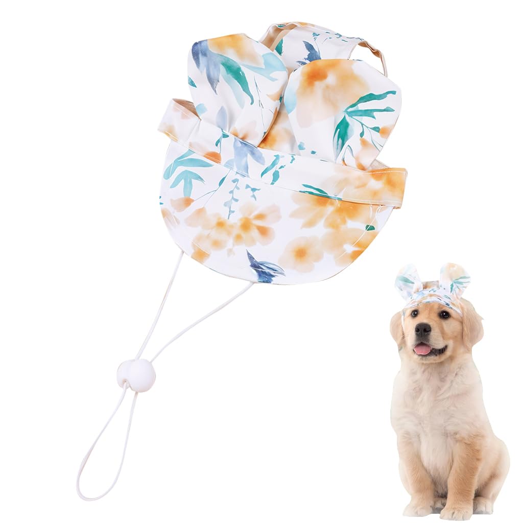Qpets Small Dog Sun Visor Hat with Adjustable Chin Strap featuring Bunny Ears and Green Floral Polyester Design