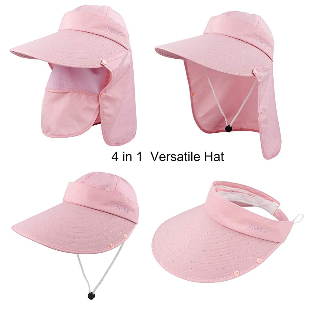 GUSTAVE® Women Sun Protection Bucket Hat UPF 50 Plus Wide Brim 5.5 Inch Beach with Removable Neck Flap Breathable Face Ponytail Opening Adjustable Fit Lightweight Quick Dry Detachable Crown 2 PCS