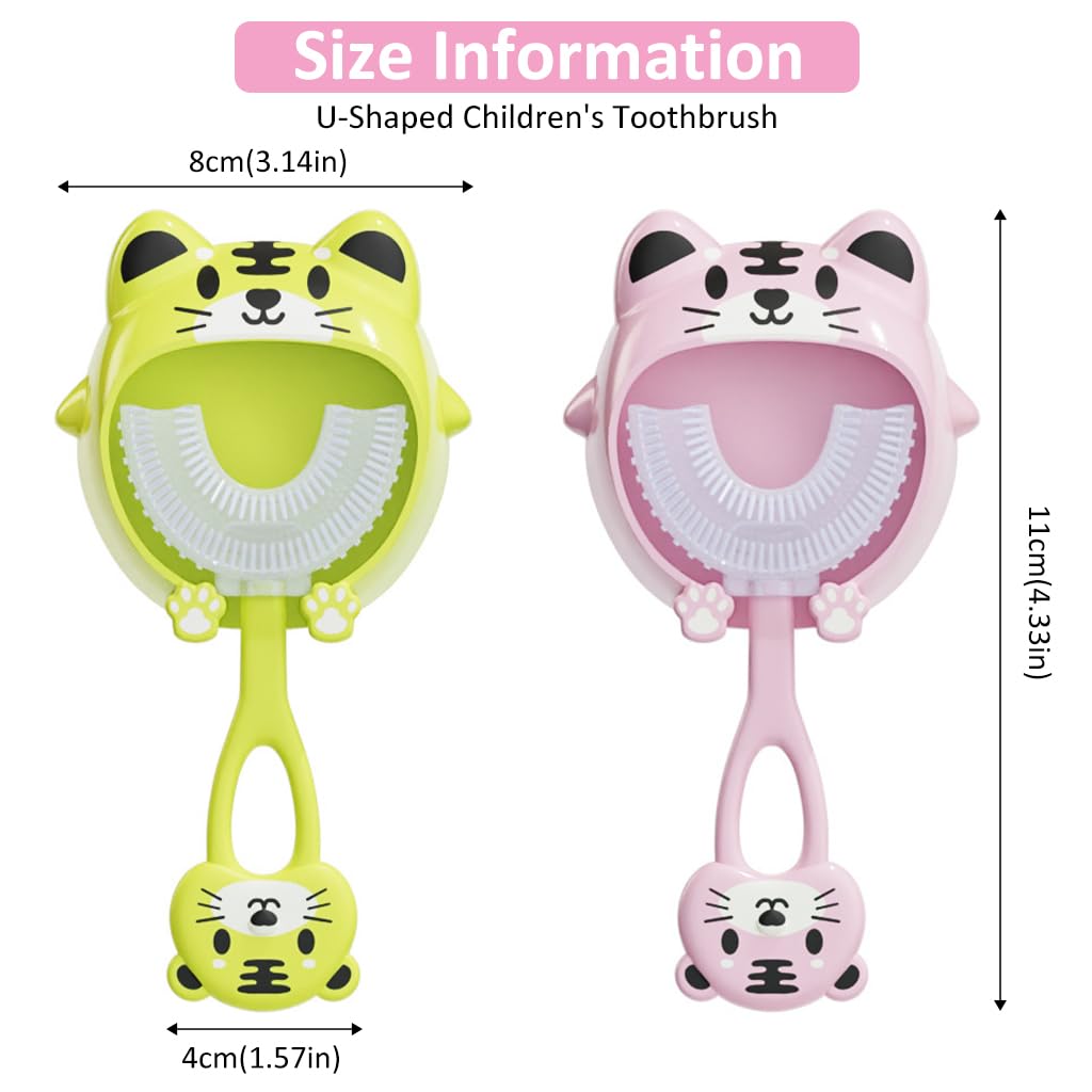 HANNEA® 2Pcs Kids Toothbrush U-Shaped Kids Toothbrush for 3-6 Years Old 360° Teeth Cleaning Soft Silicone Bristles Design Toothbrush Dental Care Toothbrush Cartoon Toothbrush with Wall Holder