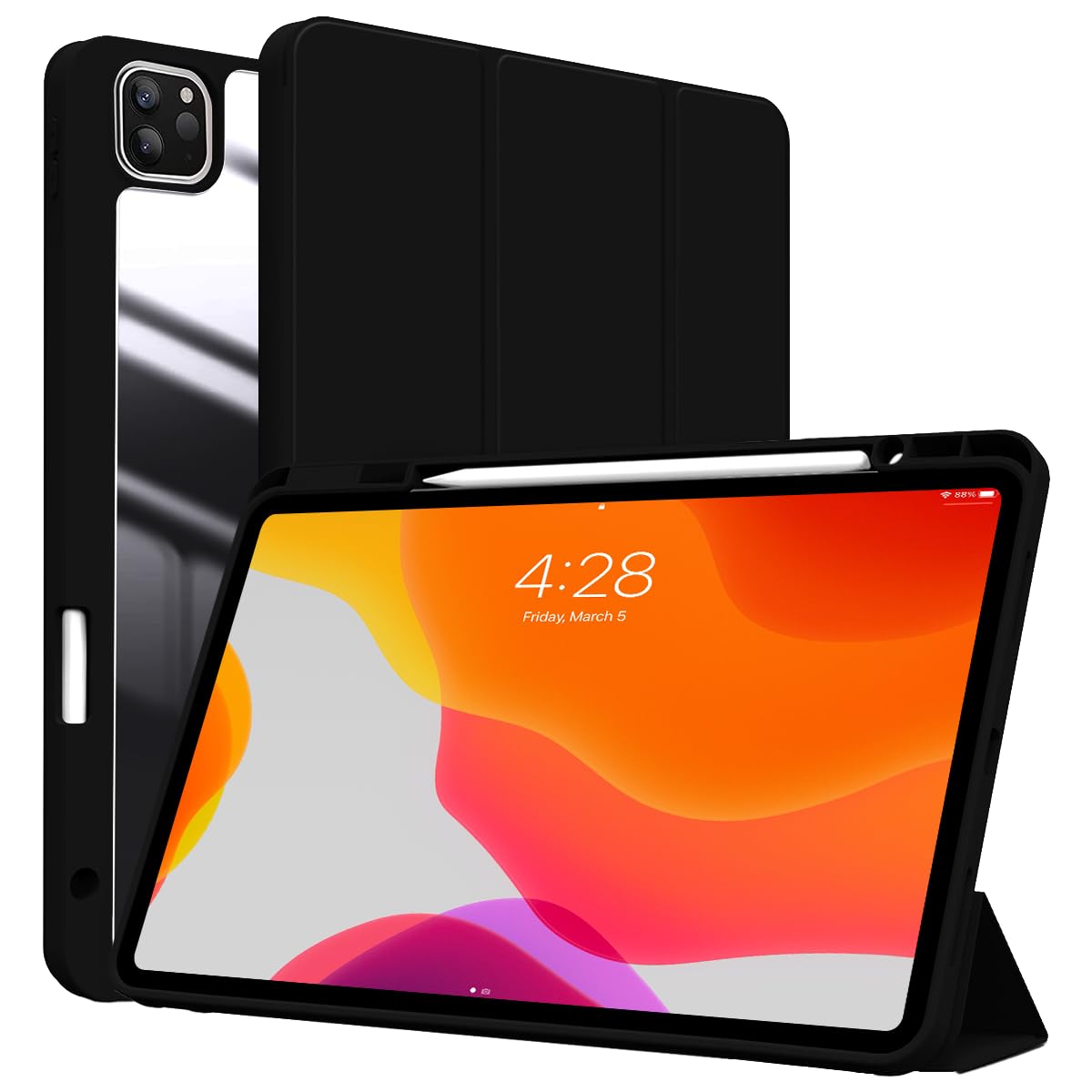 ZORBES Protective Cover for iPad Pro 12.9 Inches 2022/2021 /2020 2 in 1 Transparent iPad Cover with Pencil Holder & Folding Stand Ultra Slim Fashion iPad Case
