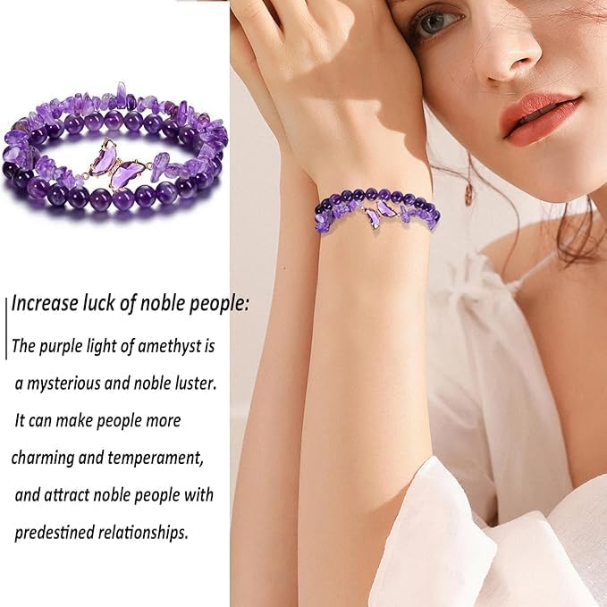 SANNIDHI Crystal Beaded Bracelets Set of 2 with Purple Stones and Butterfly Charm for Women Girls