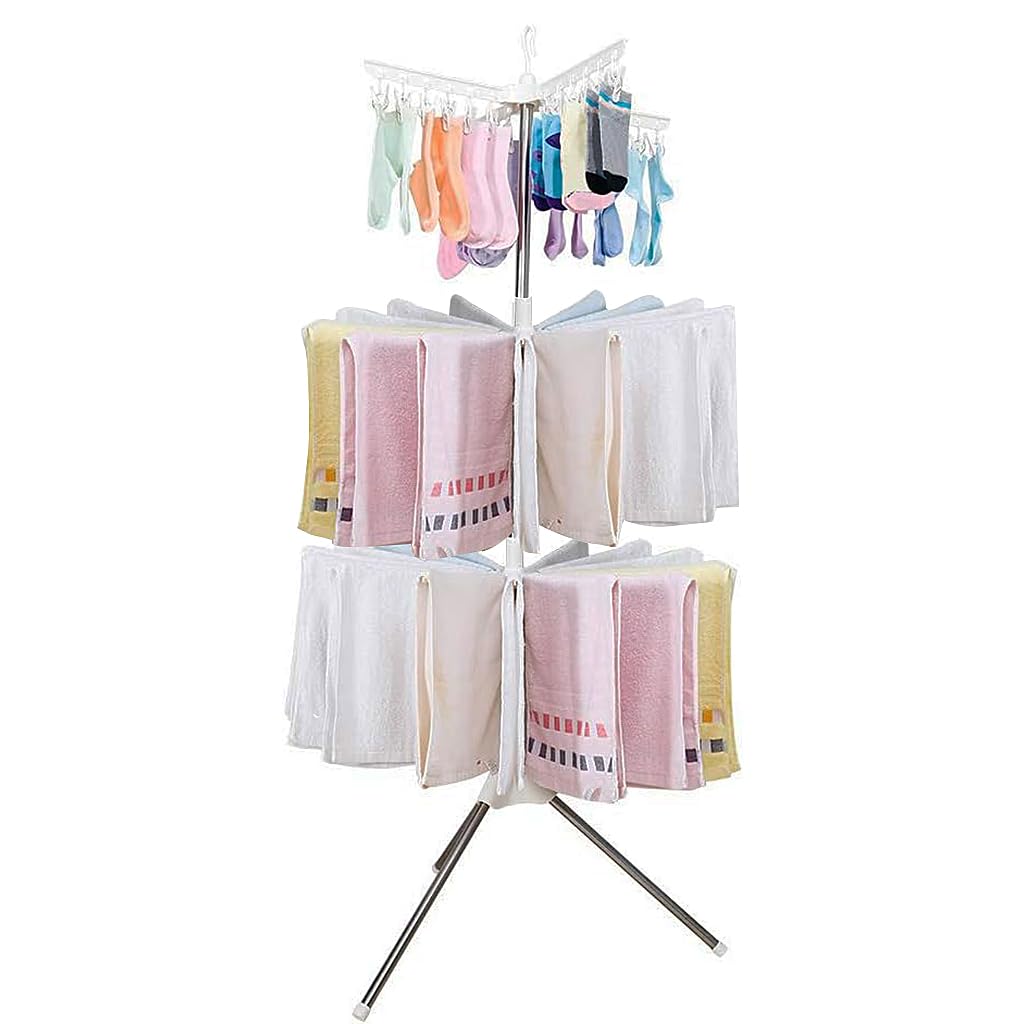 HASTHIP Cloth Stand for Drying Clothes with 3 Tier Foldable Rack and 24 Clips | White 68.5x68.5x170 cm