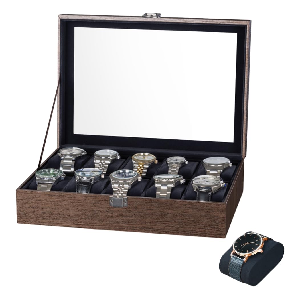 SANNIDHI Wrist Watch Organizer Box for 10 Watches with Clear Window and Velvet Liner | Wooden Display Holder 28.3x20.2x7.7cm