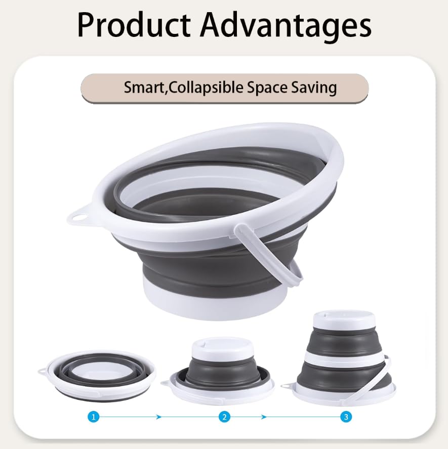 ZIBUYU Foldable Bucket for Camping and Car Wash with Ergonomic Handles | 10L PVC Grey
