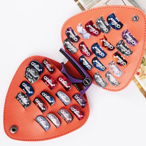 HASTHIP® 2pcs Guitar Picks Holder Case Bag for Acoustic Electric Guitar, Bass Picks Storage Pouch Organizer PU Leather Guitar Plectrums Bag Holds 32 Packs