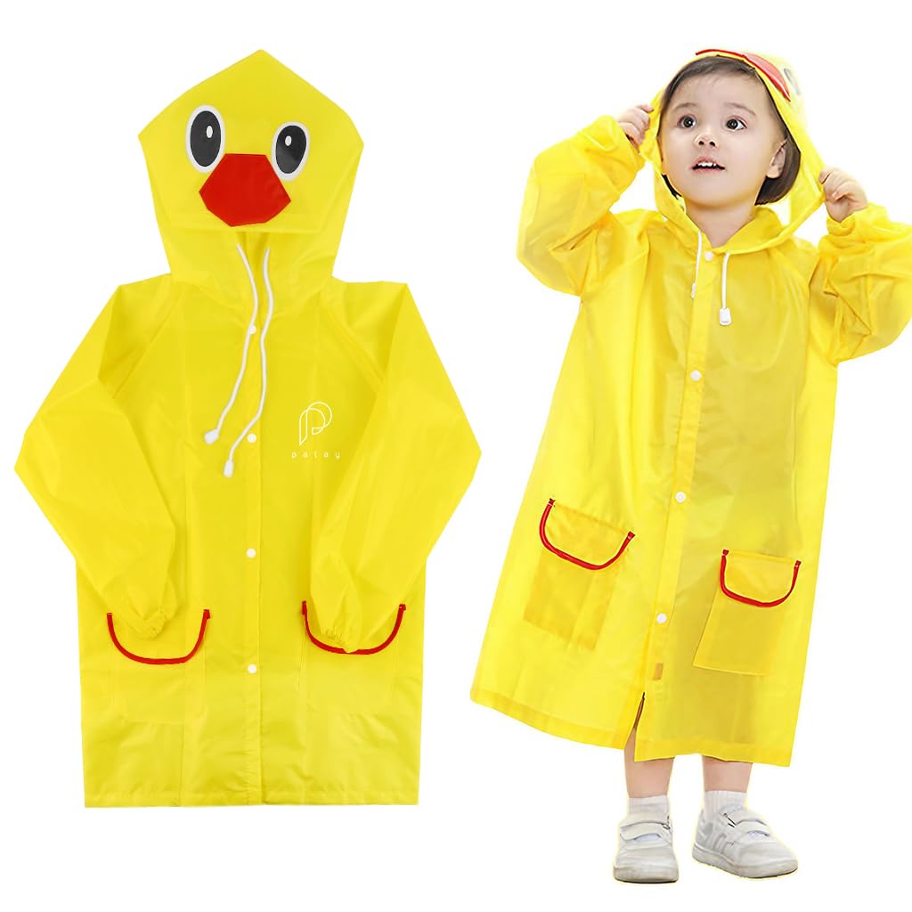 PALAY Raincoat for Kids Boys Girls with Hood, Polyester Rain Ponchos with Pockets and School Bag Coverage, Bright Color Raincoat for 3-7 Years Old Kids (Yellow)